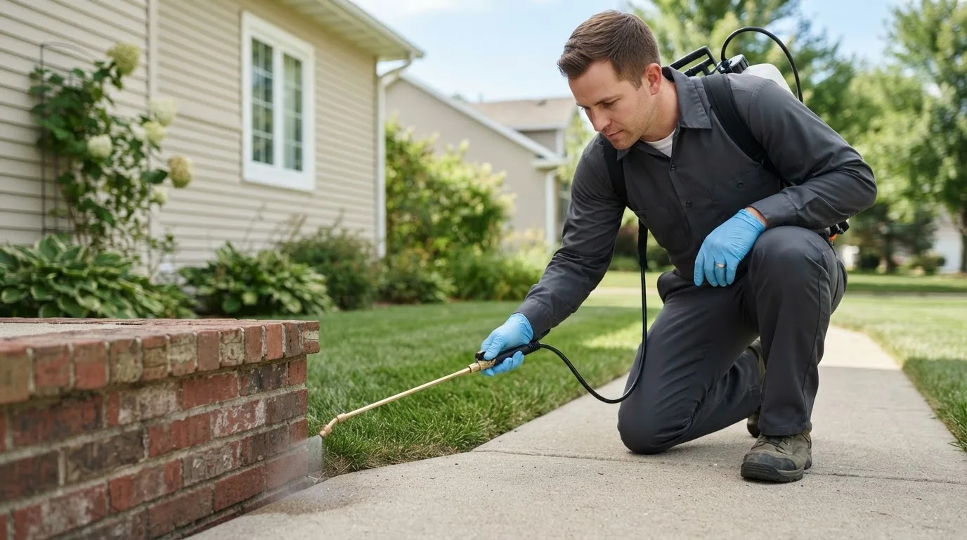 Pest control technician treating a home near Cherry Creek, SD